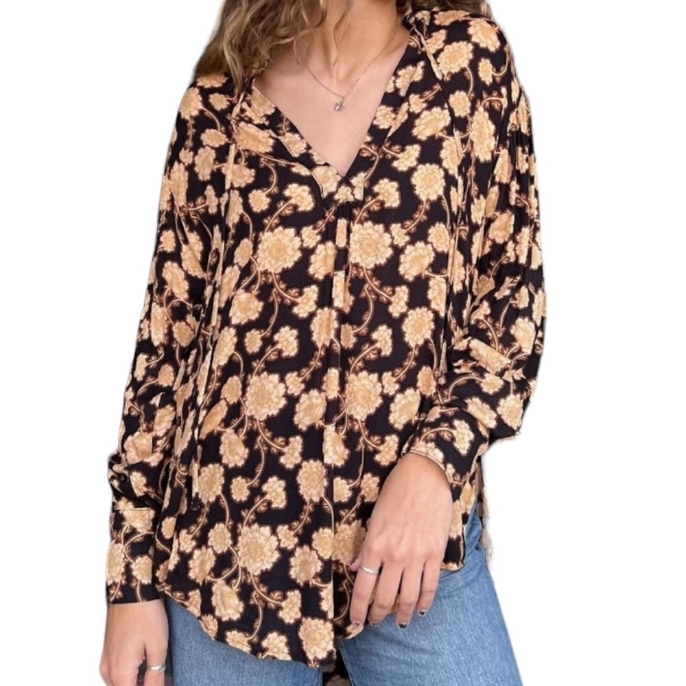 Free People Black/Tan Floral Long Sleeve "Mia" Tunic S